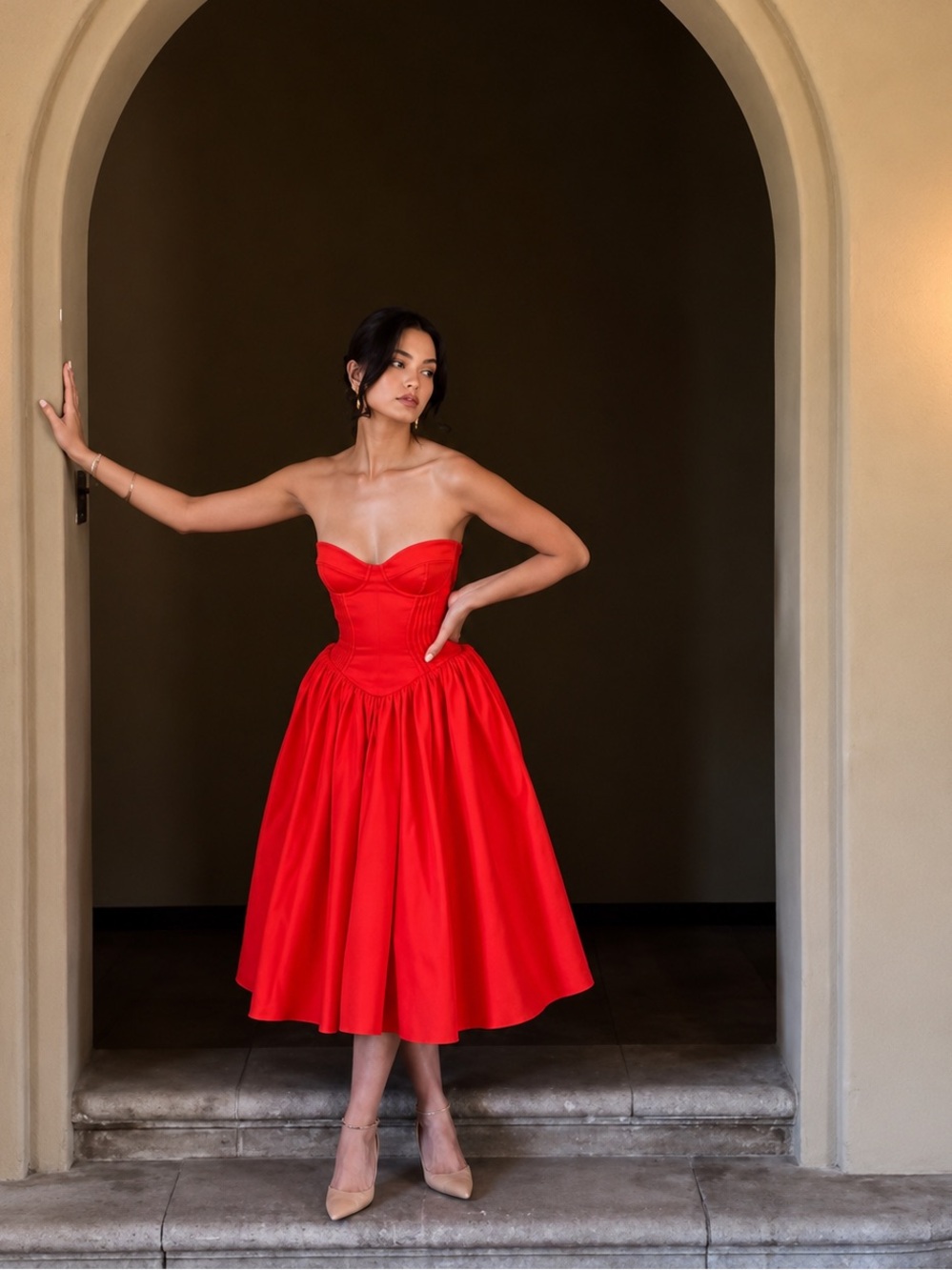 House of cb ELIZABETH Italian Tomato Strapless Midi Sundress